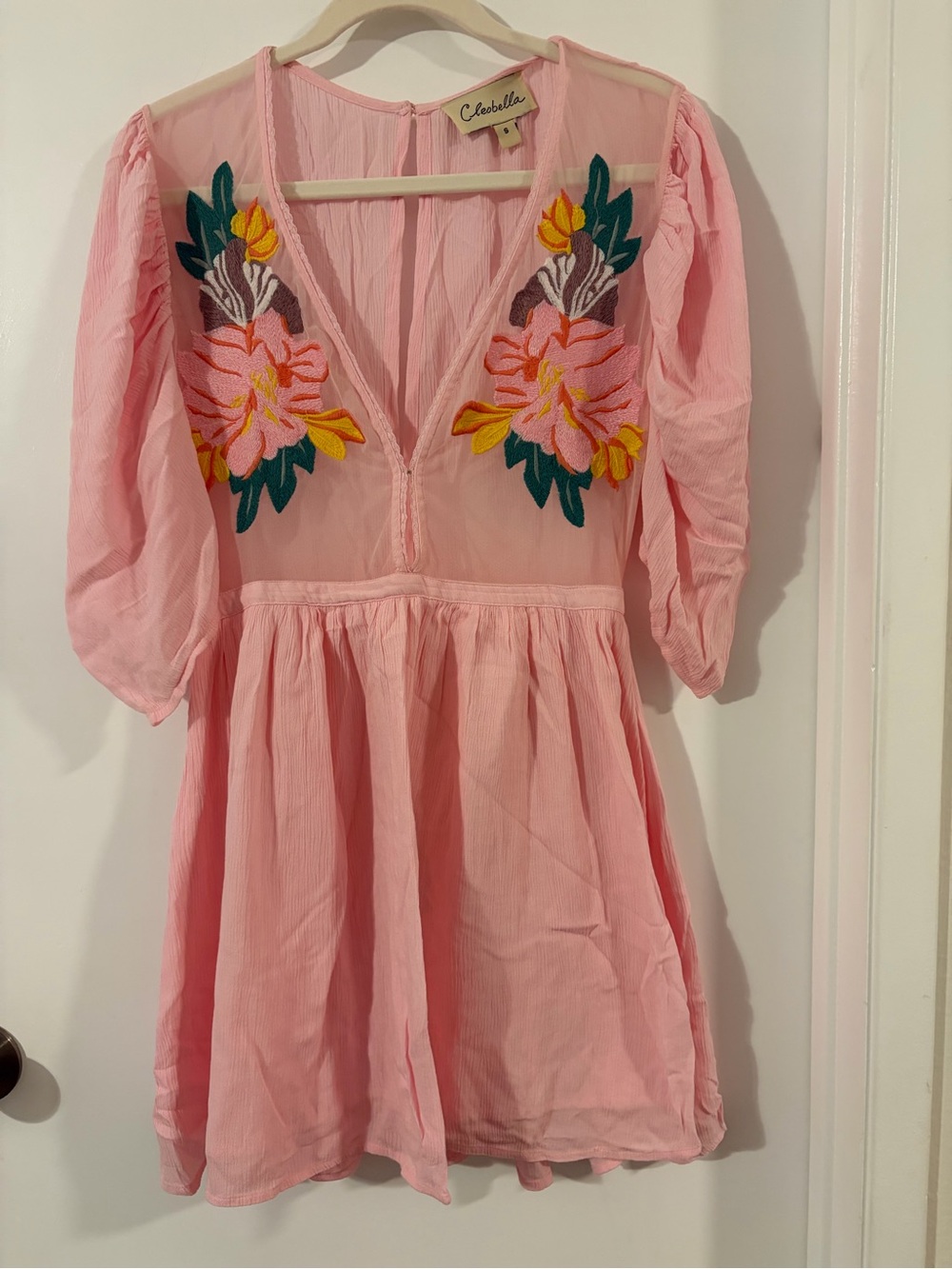 Cleobella Pink V-Neck Floral Embroidered Mini Dress